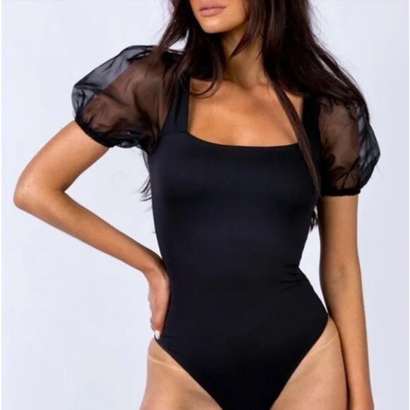 Princess Polly Size 2 Black Puff Sleeve Bodysuit Square Neckline Sheer Stretch - Picture 11 of 12
